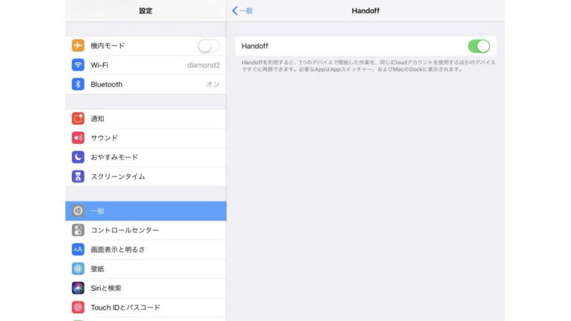 iPad→設定→一般→Handoff
